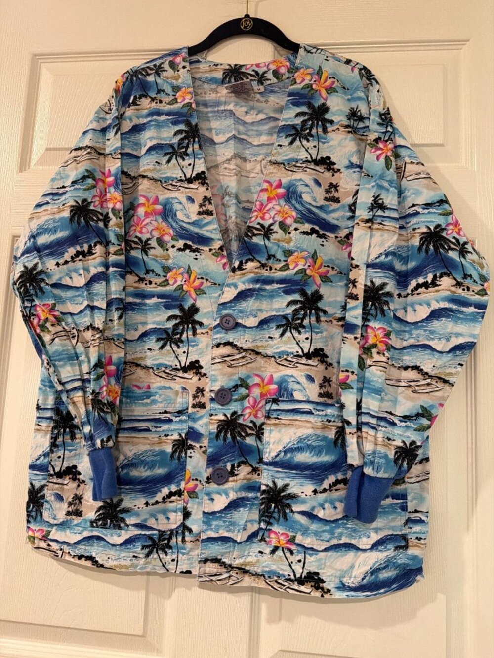 Hawaiian Print SCRUBS Jacket With Pockets & Knit Cuffs - Size M - 100% Cotton Tr
